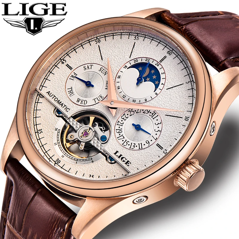 LIGE Brand Classic Mens Retro Watches Automatic Mechanical Watch Tourbillon Clock Genuine Leather Waterproof Business Wristwatch