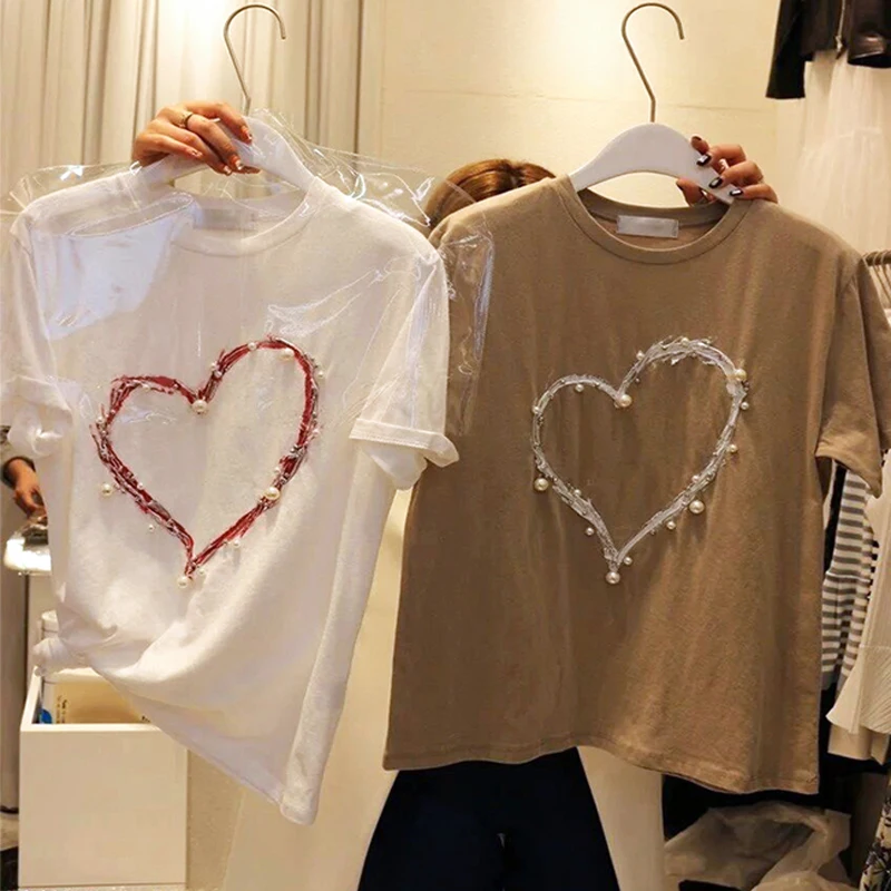 Korea Summer New Love Nail Bead Short Sleeve Heavy Industry T Shirt Women Foreign Style Versatile Loose Tees Tops White