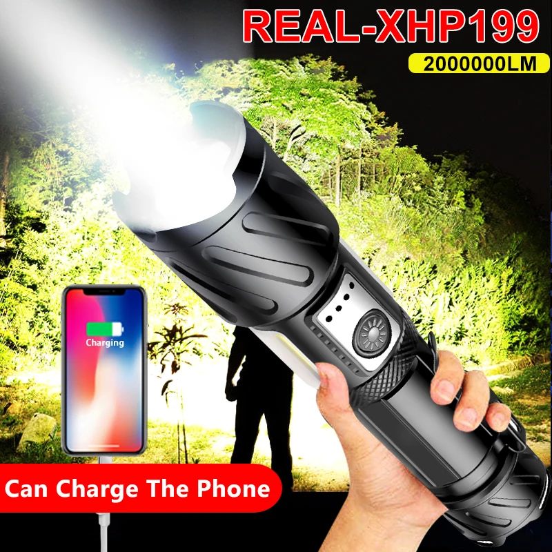 XHP199 Adjustable Flashlight Strong Light Rechargeable LED Torch 18650 or 26650 Battery Zoom 6 Modes Outdoor Camping Emergency