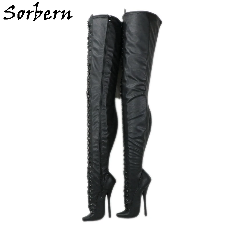 Sorbern Sexy Ballet High Heel Boots Long Crotch Thigh High Matt Black Lace Up Pointed Toe Cosplay Drag Queen Long Boots Fetish