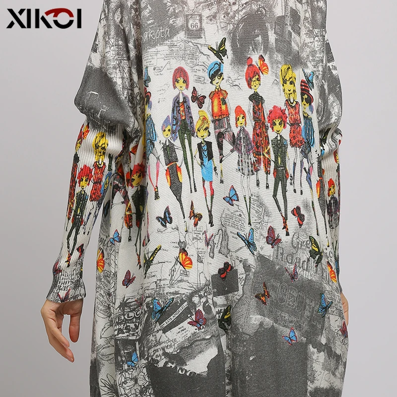 New Butterfly Novel Doll Print Women Pullovers Oversized Sweater Dress Autumn Pull Femme Long Warm Batwing Sleeves Clothes