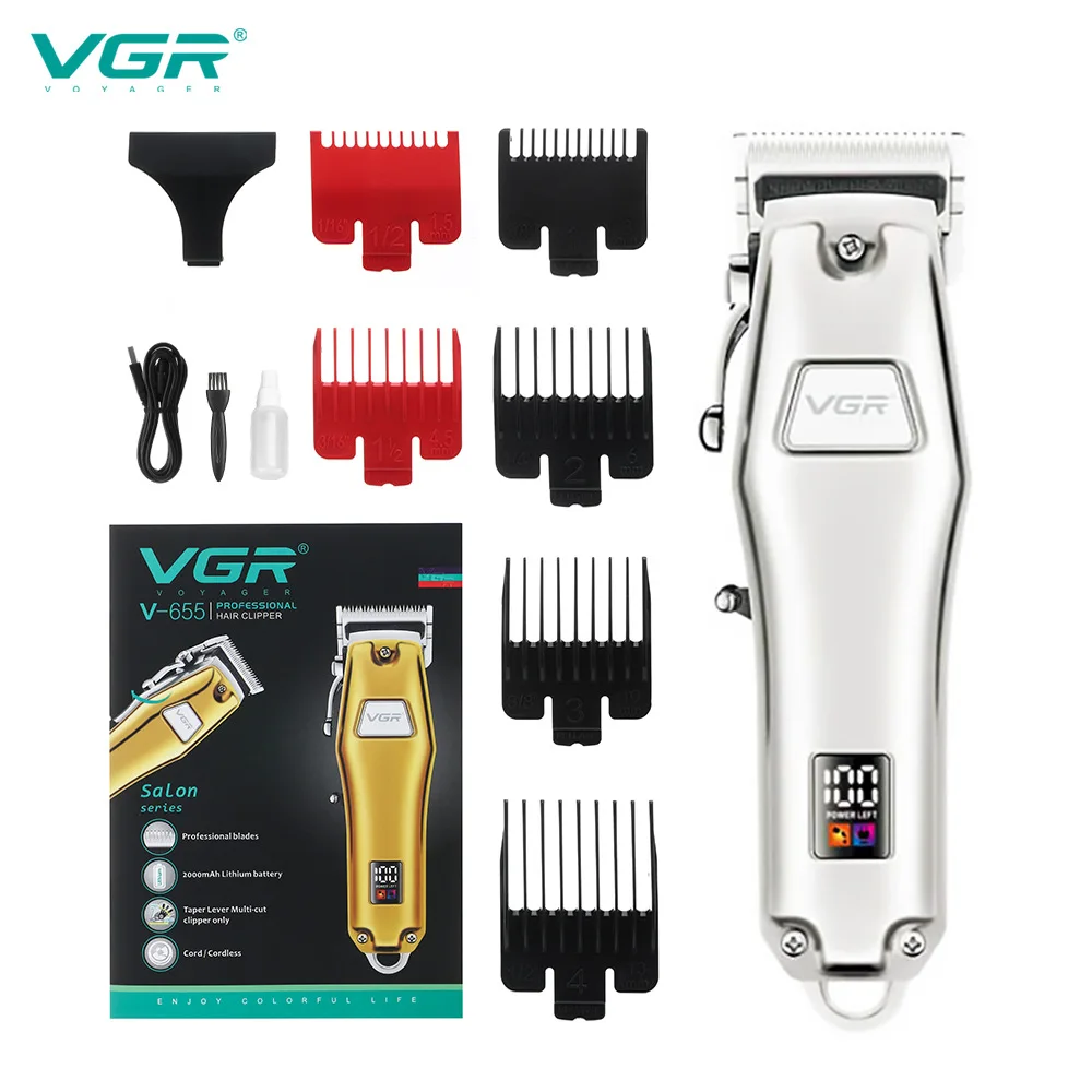 Profissional recarregável cabelo Clipper, cuidados pessoais aparador elétrico, USB LED tela, redução lavável barbeiro, VGR 655, VGR 655