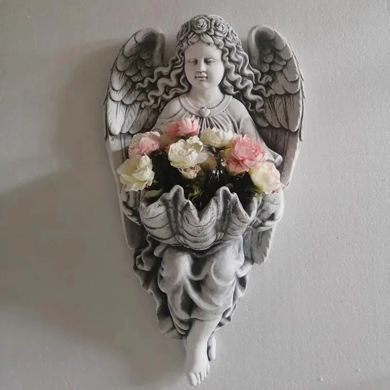 European Creative Angel Flower Basket Decoration Cement Mold Wall porch Hanging Flowerpot Mold Concrete Planter Adornment Mould