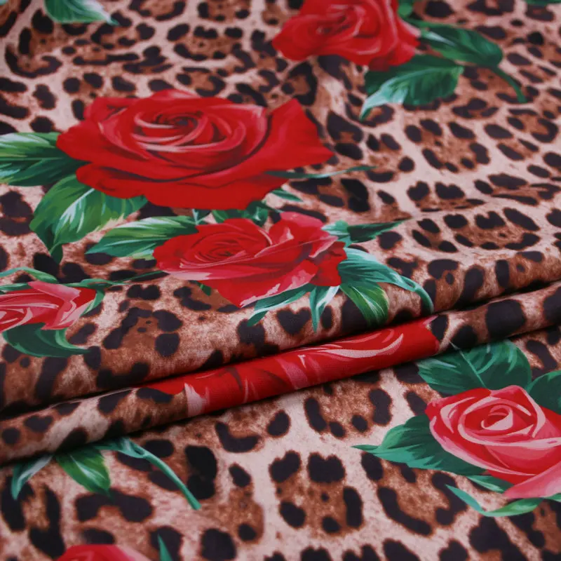 Autumn Micro-elastic Drape Leopard Rose Print Clothing Handmade Diy Bag Hip Dress Polyester Fabric Cloth for Sewing