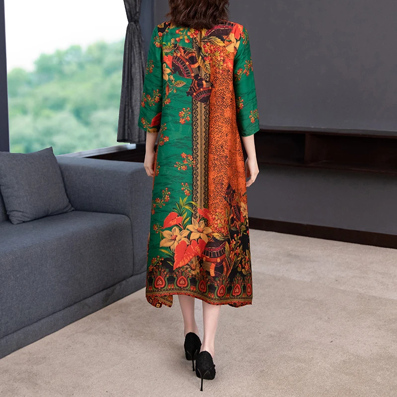 2024 Boho Vintage Print Natural Silk Midi Dresses Summer Loose Casual Dress Elegant Women Bodycon Party Vestidos