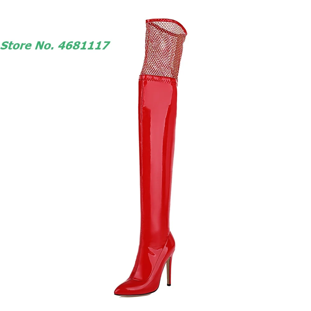 

Crystal Mesh Splicing Over The Knee High Boots Sexy Pointed Toe Super High Thin Heels Slip On Street Style Solid Winter