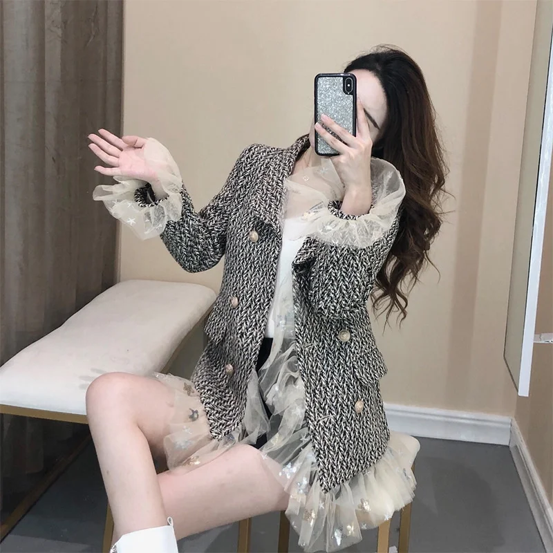 Spring Elegant Women Tweed Jacket Streetwear Patchwork Lace Vintage Short Coat Double Breasted Slim Outerwear Office Lady Jacket