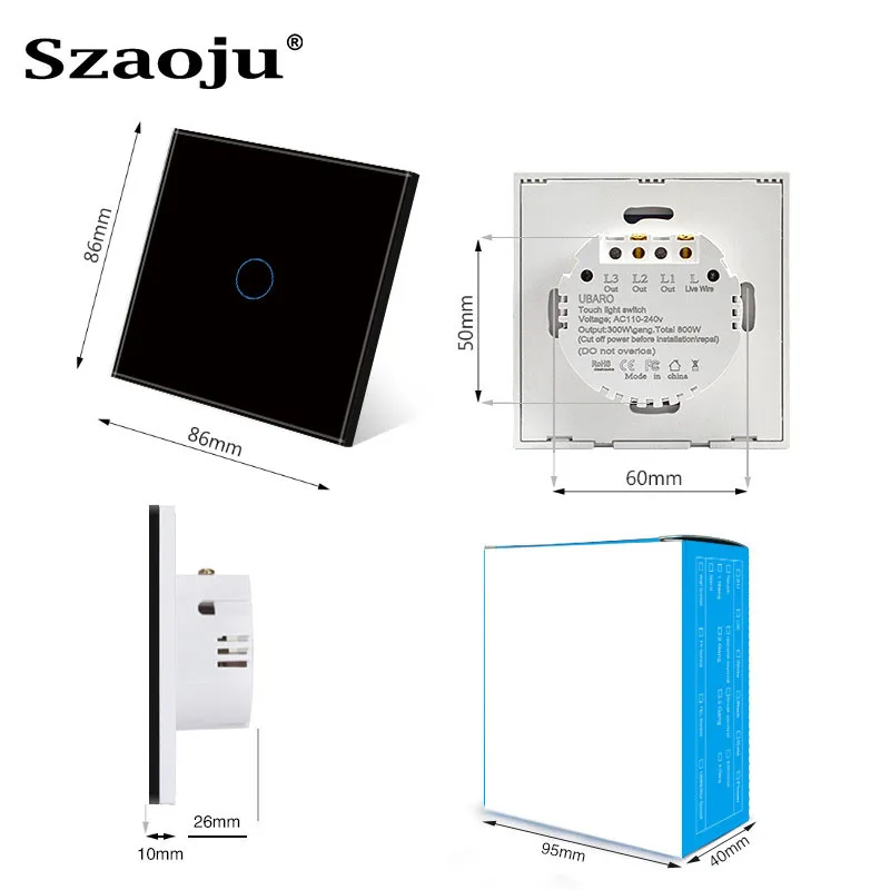 Szaoju EU Touch Switch AC100-240V Led Backlight Panel Tempered Crystal Glass Wall Light Sensory Switches 1/2/3 Gang Interruttore