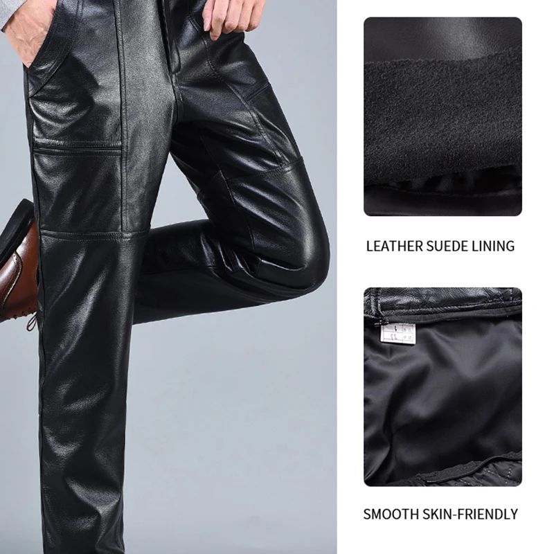 Men\'s Leather Pants, Thick Cowhide Trousers, Elastic Waist, Punk, Motorcycle Genuine, Youth, Spring, Autumn