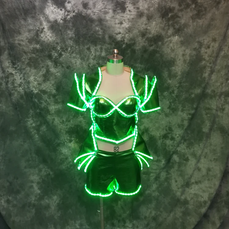 

Women concert Green LED luminous costume DS dance set sexy bar nightclub custom beer festival clothing white rgb color