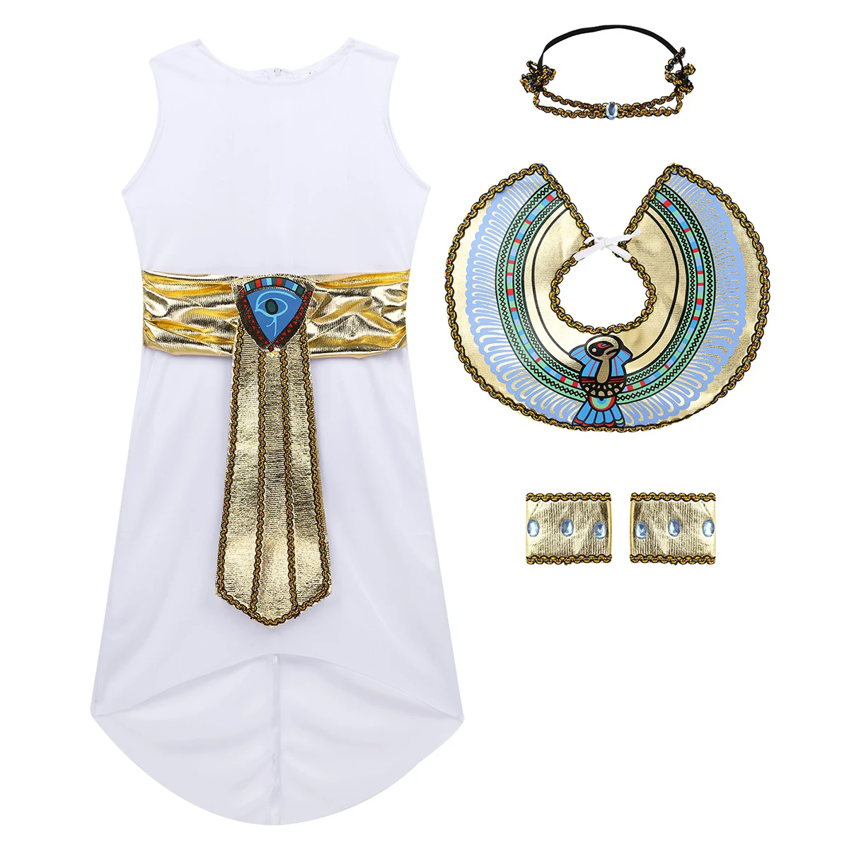 

Kids Girls Egyptian Princess Halloween Party Cosplay Costume Sleeveless High-Low Hem Dress+Headwear+Neck Collar+Armbands Sets