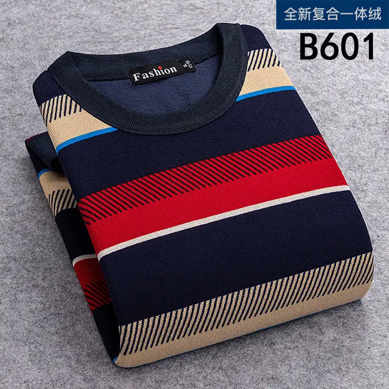 Sweter Bulu Pria 4XL Sweater Katun Bulu Tebal Bergaris Mode 2021 Pakaian Pria Sweater Mantel Leher-o Antik Pria