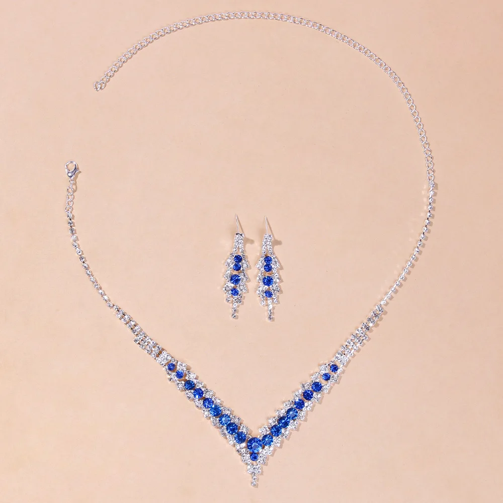 TREAZY Elegant Blue Rhinestone Crystal Wedding Bridal Jewelry Set for Women Silver Plated V Shape Choker Necklace Earrings Set