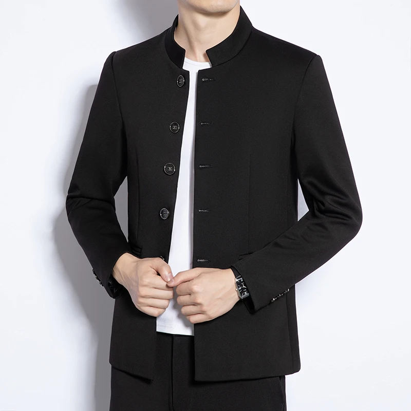 Stylish Clothing Mens Black Mandarin Collar Blazer Jackets For Mens Big Size Zhongshan Suits Chinese Fashion Big Size Husband