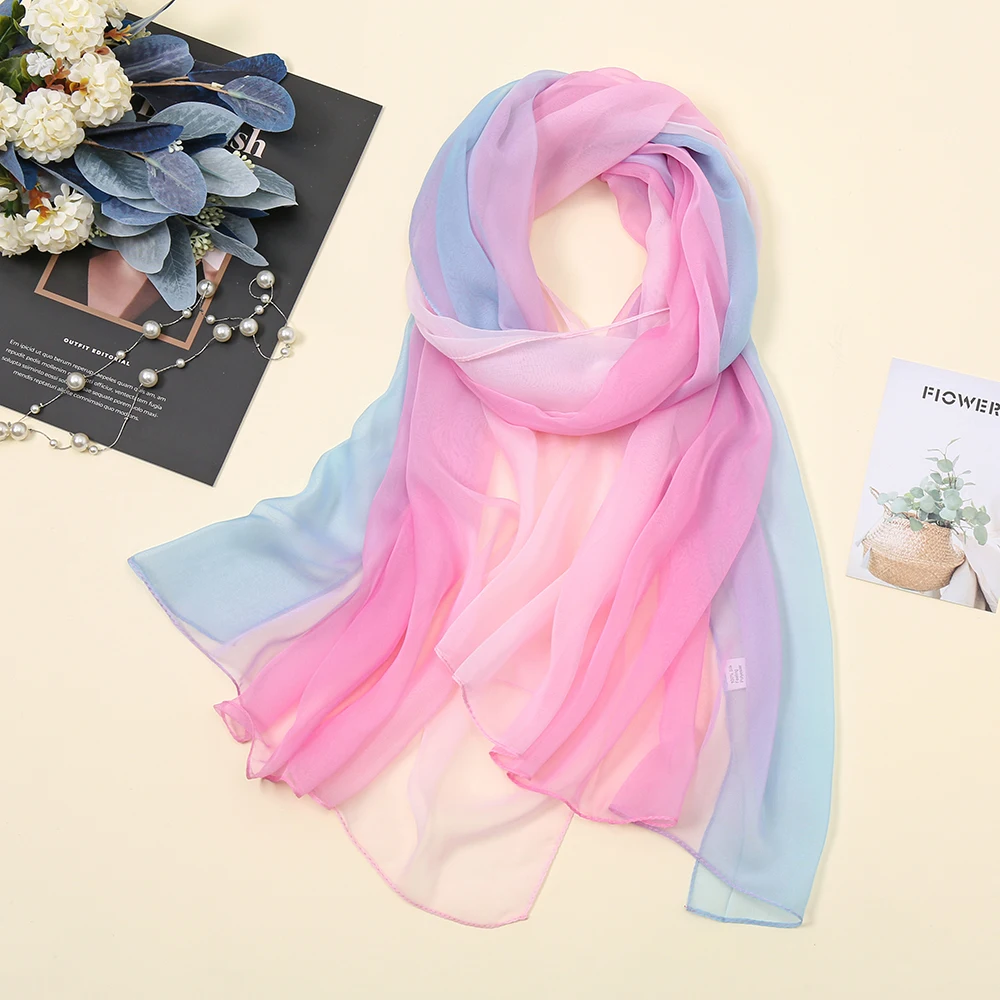 Solid Color Chiffon Georgette Scarf Women Foulard Gradient Shawls Ombre Elegant Long Shawl Hijab Summer Sun Protection Stoles