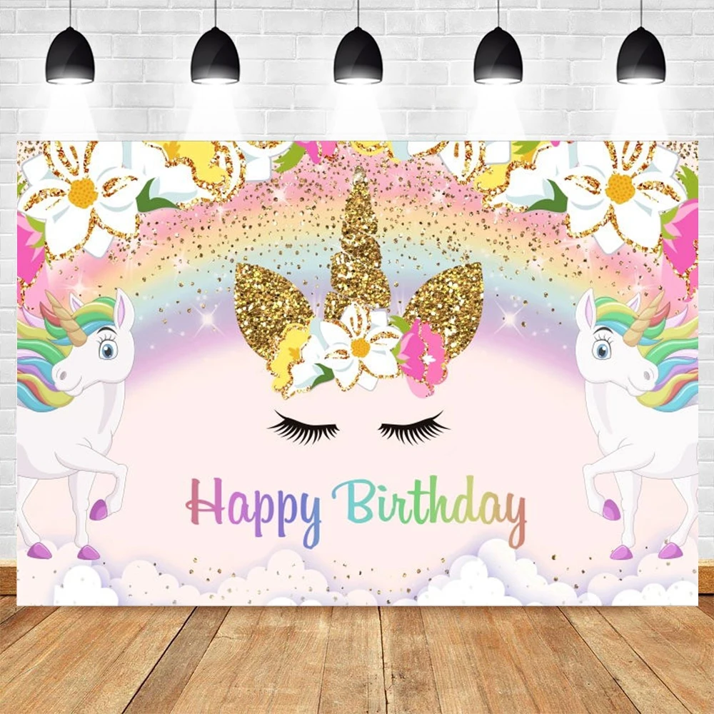 

Rainbow Unicorn Backdrop Birthday Party Decorations For Girls Floral Glitter Stars Dots Cake Table Banner Supplies Studio Props