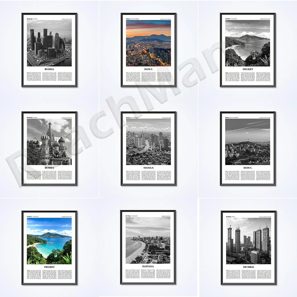 Travel posters for Manila, Philippines, Moscow, Russia, Seoul, South Korea, Mumbai, India, Phuket, Thailand, Pattaya, Thailand