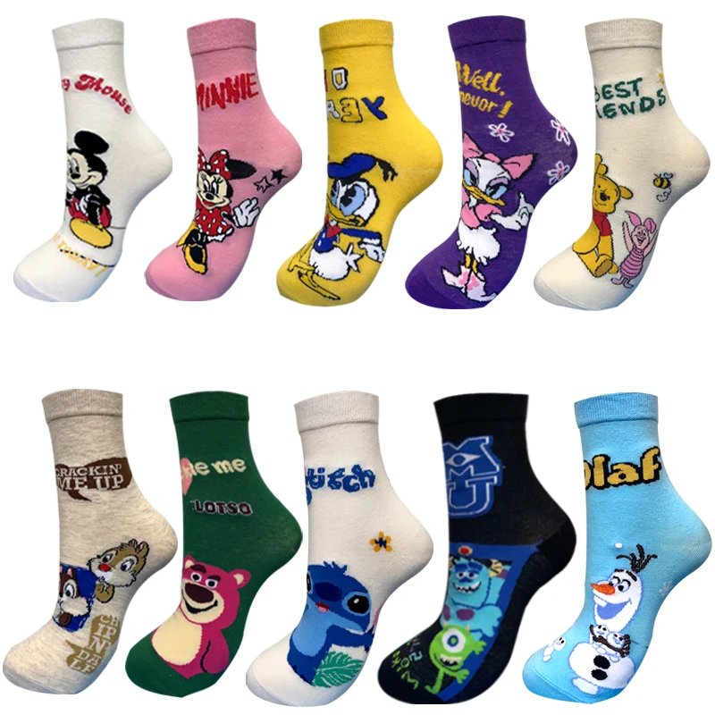 10 pair Disney Casual cute women socks Mickey Stitch cotton long socks Cartoon Animal sock for women Kawaii girl sock size 35-42