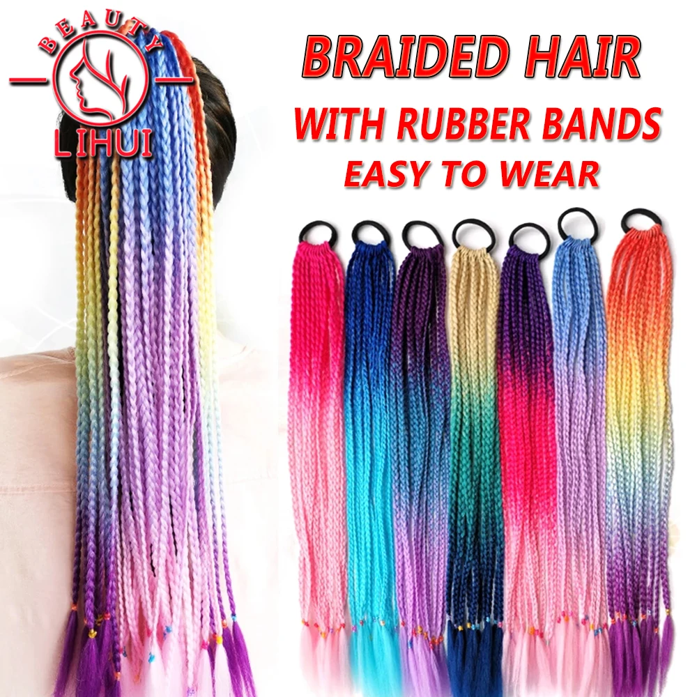 

Ponytail Hairpiece With Rubber Band Hair Ring 24 Inch Ombre Braiding Synthetic Hair Ponytail Hair Extension Pink Purple Rainbow