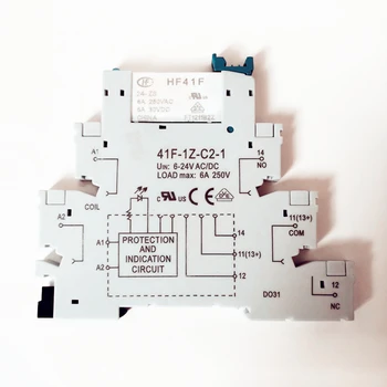 1 adet 41F-1Z-C2-1 HF41F 5V 12V 24V 6A 1CO ince röle montaj vida soket üzerinde LED ve koruma devresi 24VDC/AC gofret röle