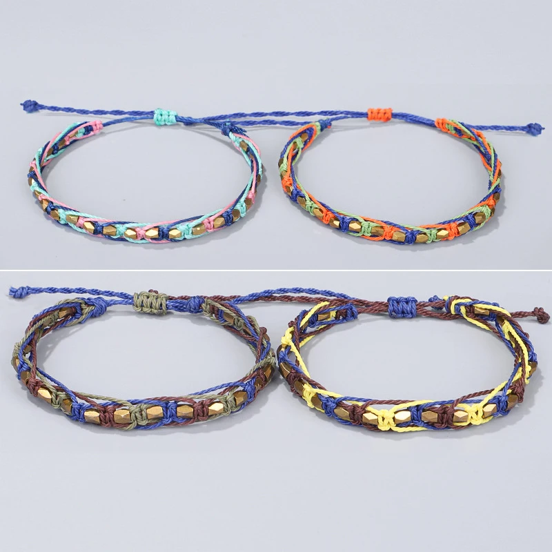 Creative Colorful Tibetan Buddhism Wax Rope Bracelet Handmade Weave with Irregular Copper Beads Multi-Layer Friendship Jewelry