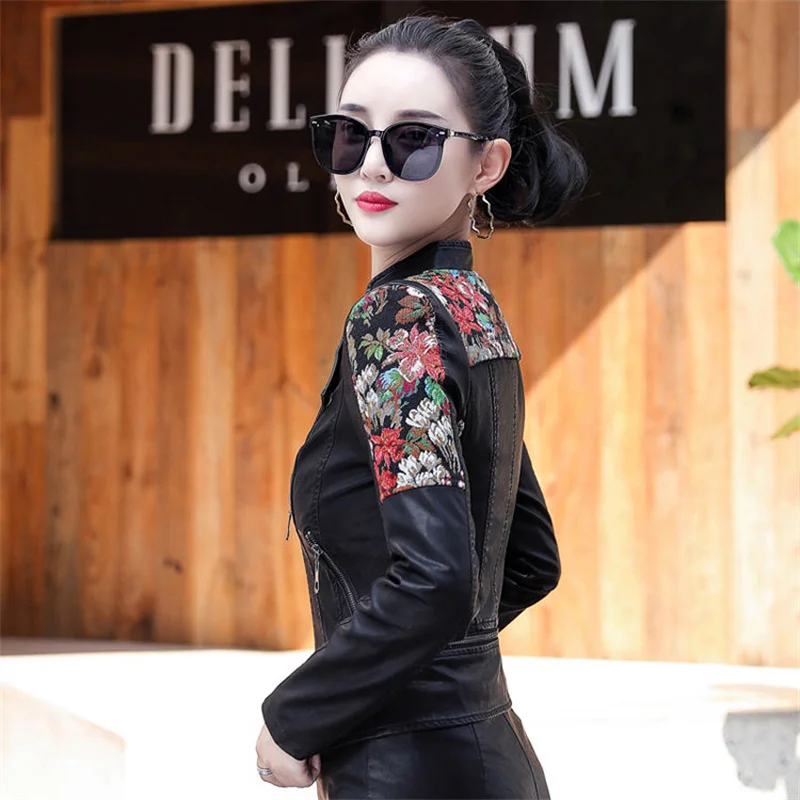 2024 Embroidery New Street Short PU Leather Jacket Suit Two-Piece Suit Skirt Pant Slim Washed Motorcycle Leather Jacket Women