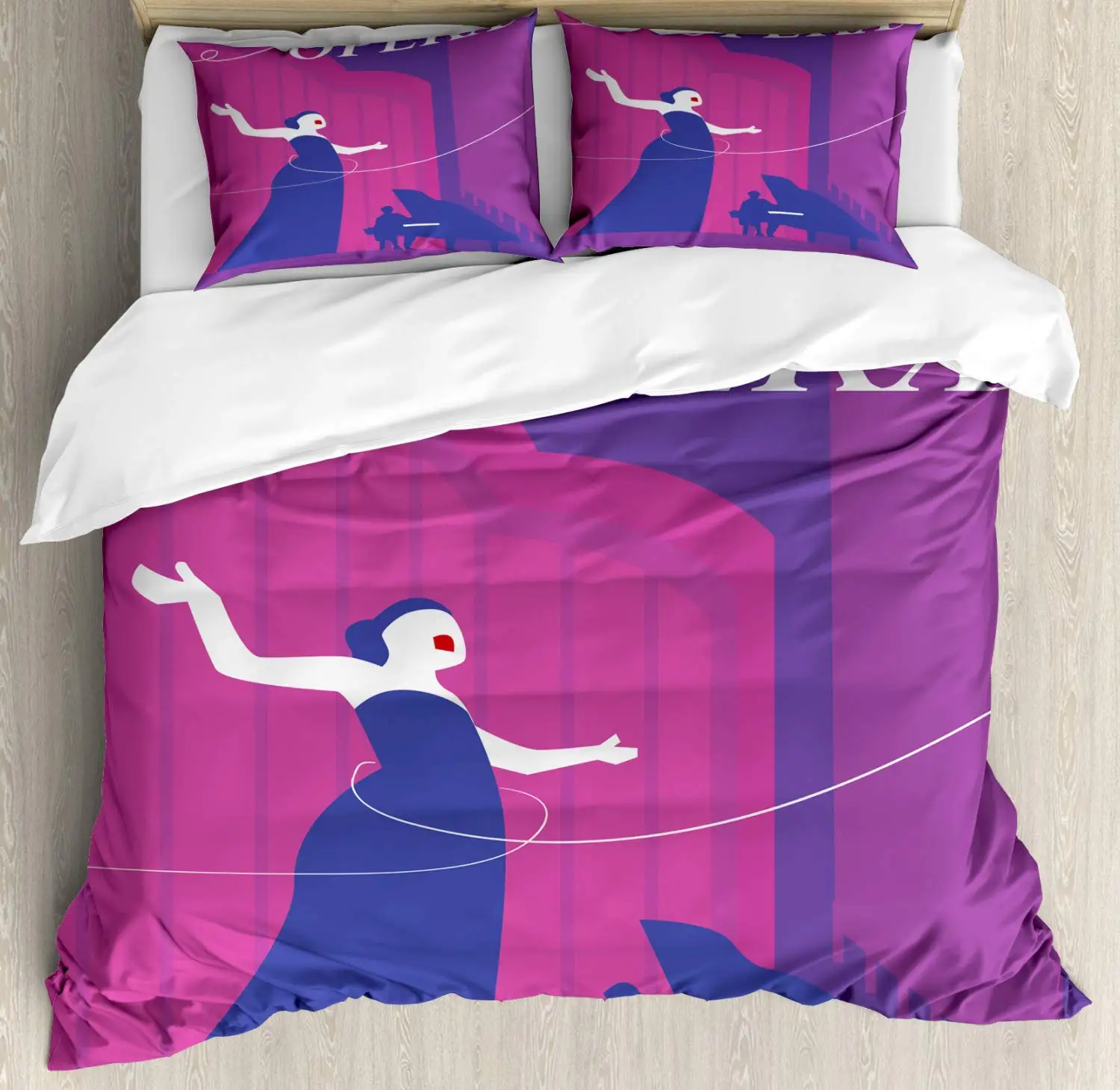 Opera Duvet Cover Set Graphic with Singing Woman and Pianist 3 Piece Bedding Set Dark Violet Dark Magenta Blue Violet