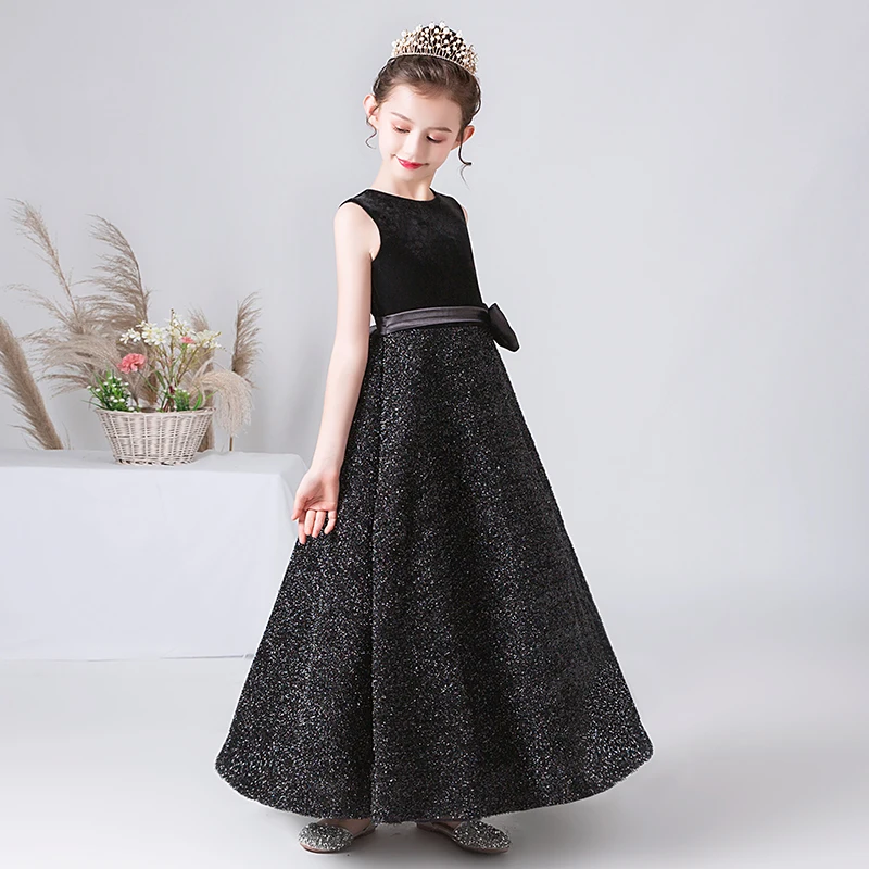 Dideyttawl Schwarz Mädchen Formale Kleid Lange Samt Bling Rock Junior Prinzessin Kleid Für Hochzeit Abend Party Teen Kinder