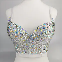 Women AB Colored Rhinestone Bustier Crop Top Spaghetti Strap Push Up Corset Vest