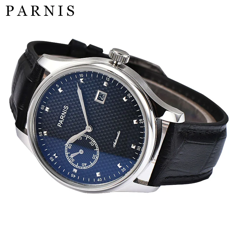 Top Luxury Watch Parnis 43mm Silver Case Automatic Men\'s Wristwatches Calendar Leather Strap Mechanical Watches Man Gift Clock