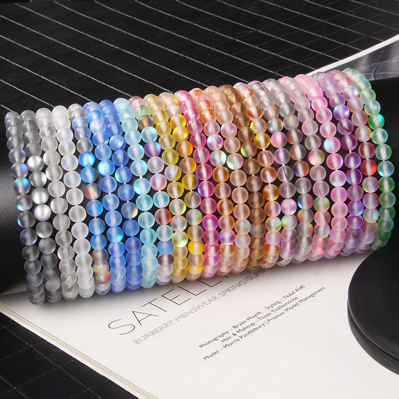 Fashion Women Bracelet High Luster Matte Moonstone Bracelets 8 mm Rainbow Glass Beads Bangle Men Handmade Stretch Jewelry Party