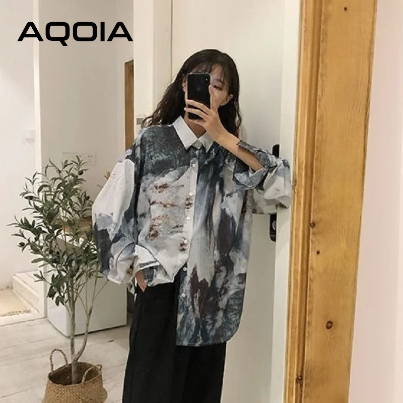 Women\'s Korean Style Chic Abstract Ink Printing Long Sleeve Blouse Shirt Turn Down Collar Loose Ladies Shirt Y2K Spring 2024