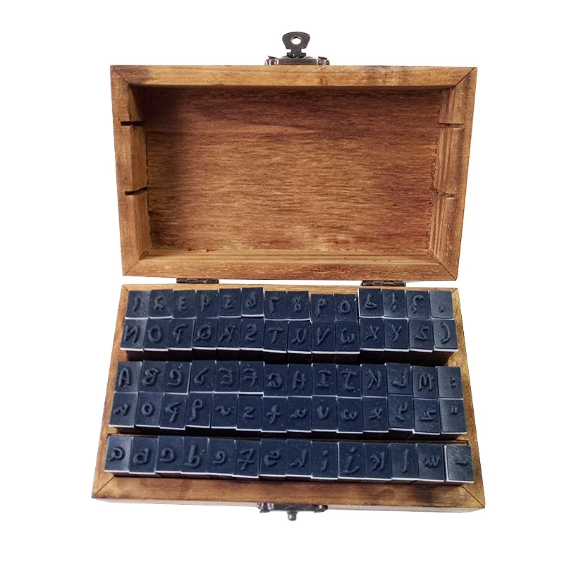 Juego de sellos de goma para manualidades, caja de madera Vintage con números y letras del alfabeto, Set de 70 unidades