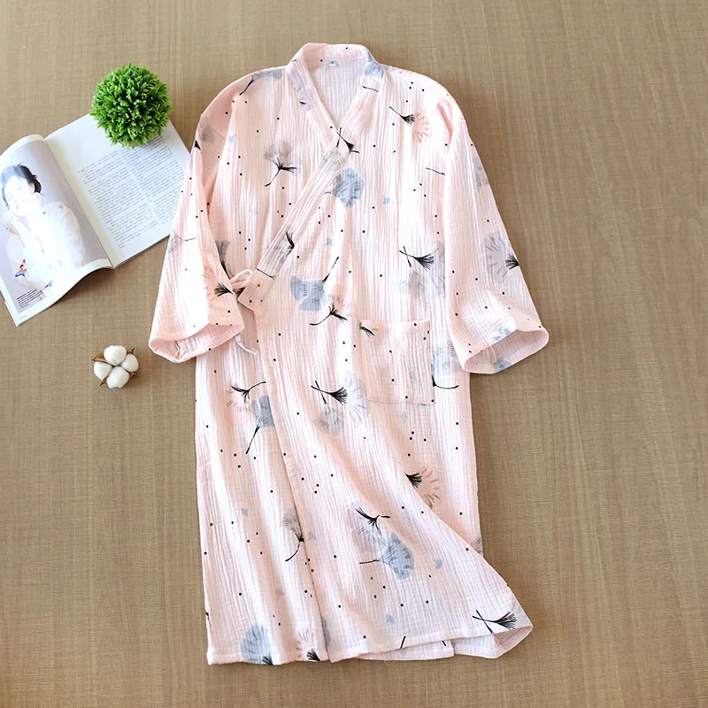 Fdfklak Women Sleepwear Nightwear Robe Pink/White Print Spring Autumn Casual Cotton Bathrobe Belt Elegant Bathroom Spa Robe