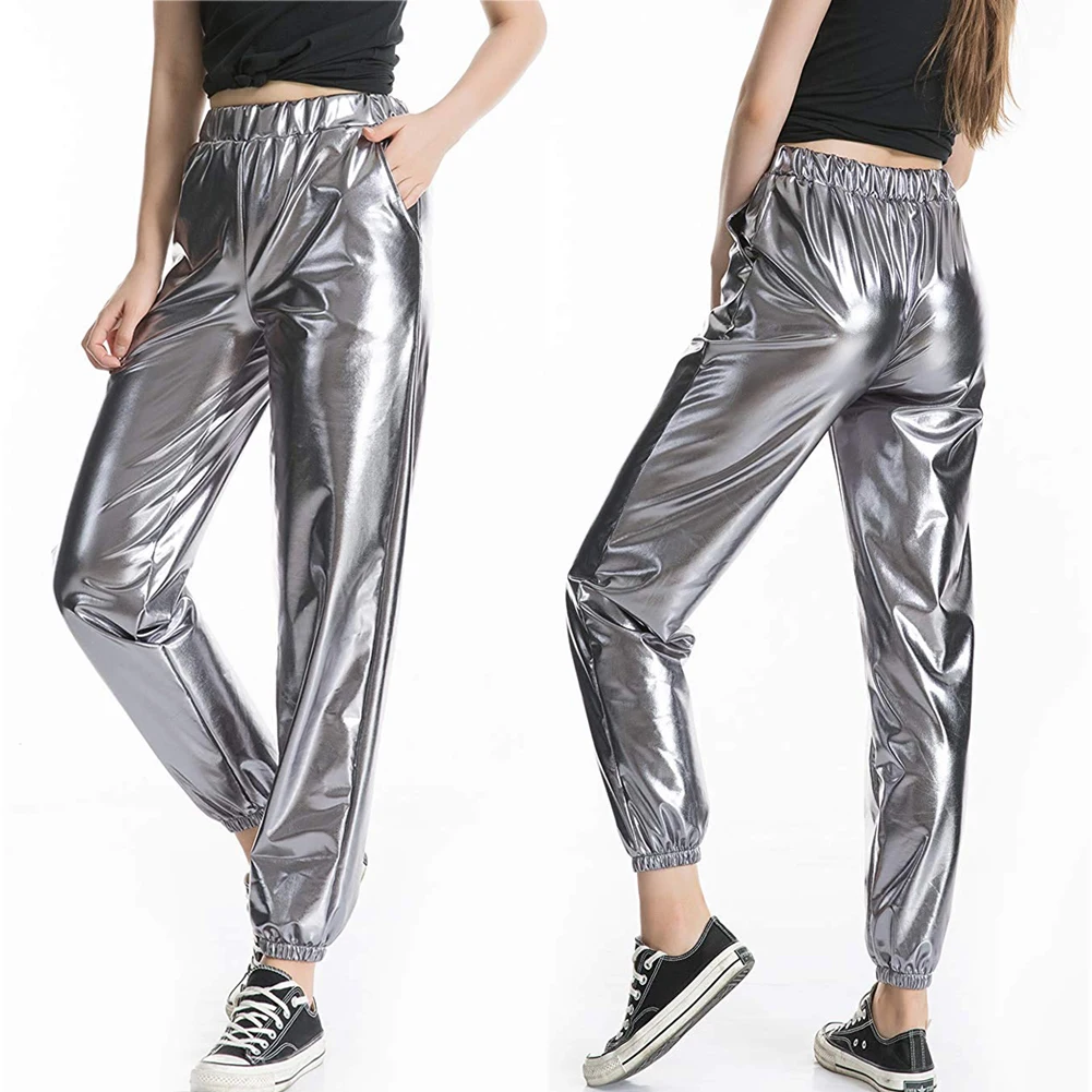 Women\'s Pant High Waist Metallic Shiny Jogger Casual Holographic Color Streetwear Trousers Women Fashion Smooth Reflective Pants