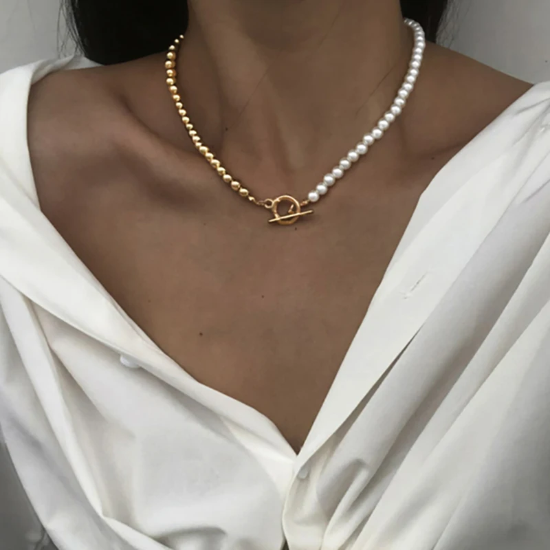 2023 Hot Fashion Imitation Pearls Bead Chain Necklace For Women Classic Vintage OT Clasp Gold Color Choker Neck Jewelry Gift