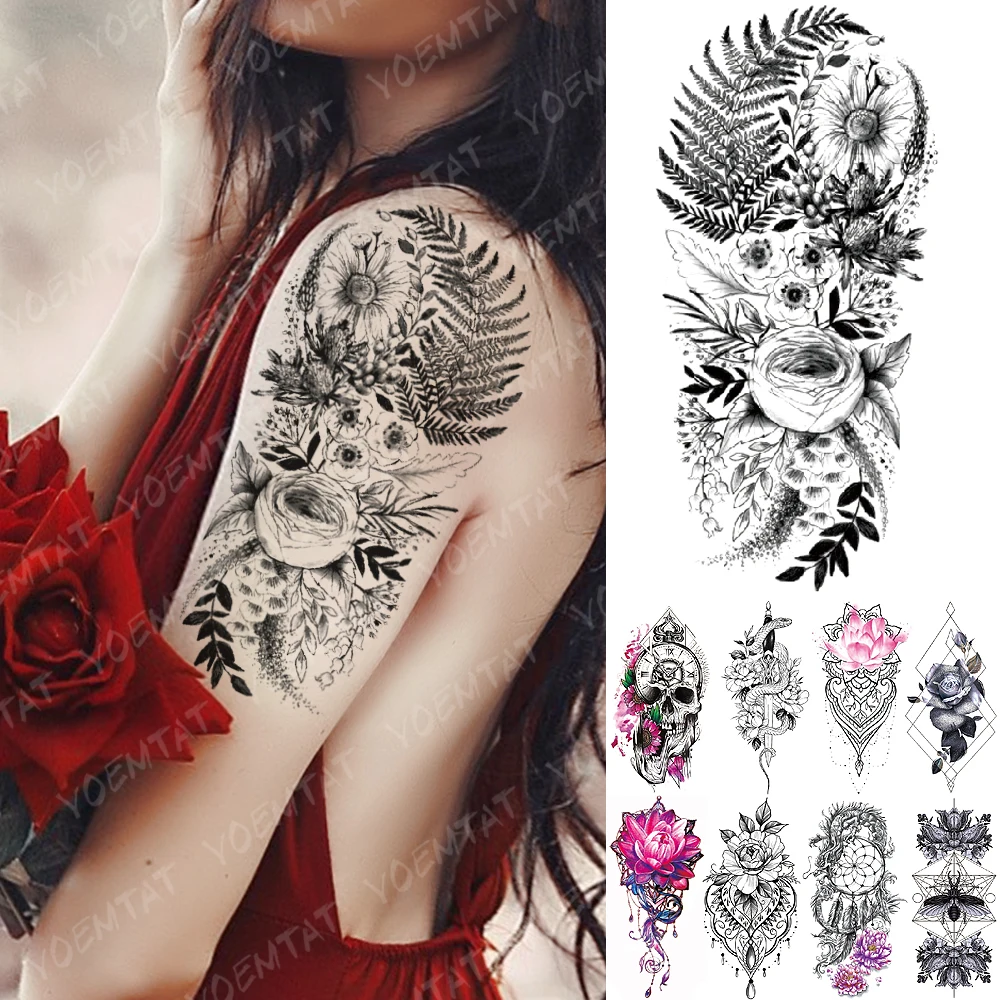 

Waterproof Temporary Tattoo Sticker Pink Lotus Rose Lace Flowers Flash Tattoos Snake Dragon Body Art Arm Fake Tatoo Women Men