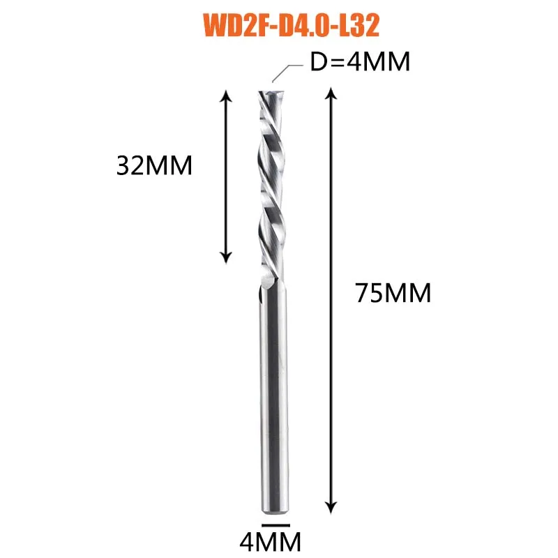 Dreanique 1 stuk, spiraalfrees met 2 sneden, WD2F, massief hardmetalen frees, 3,175, 4, 6, 8, 10, 12 mm, voor hout en MDF.