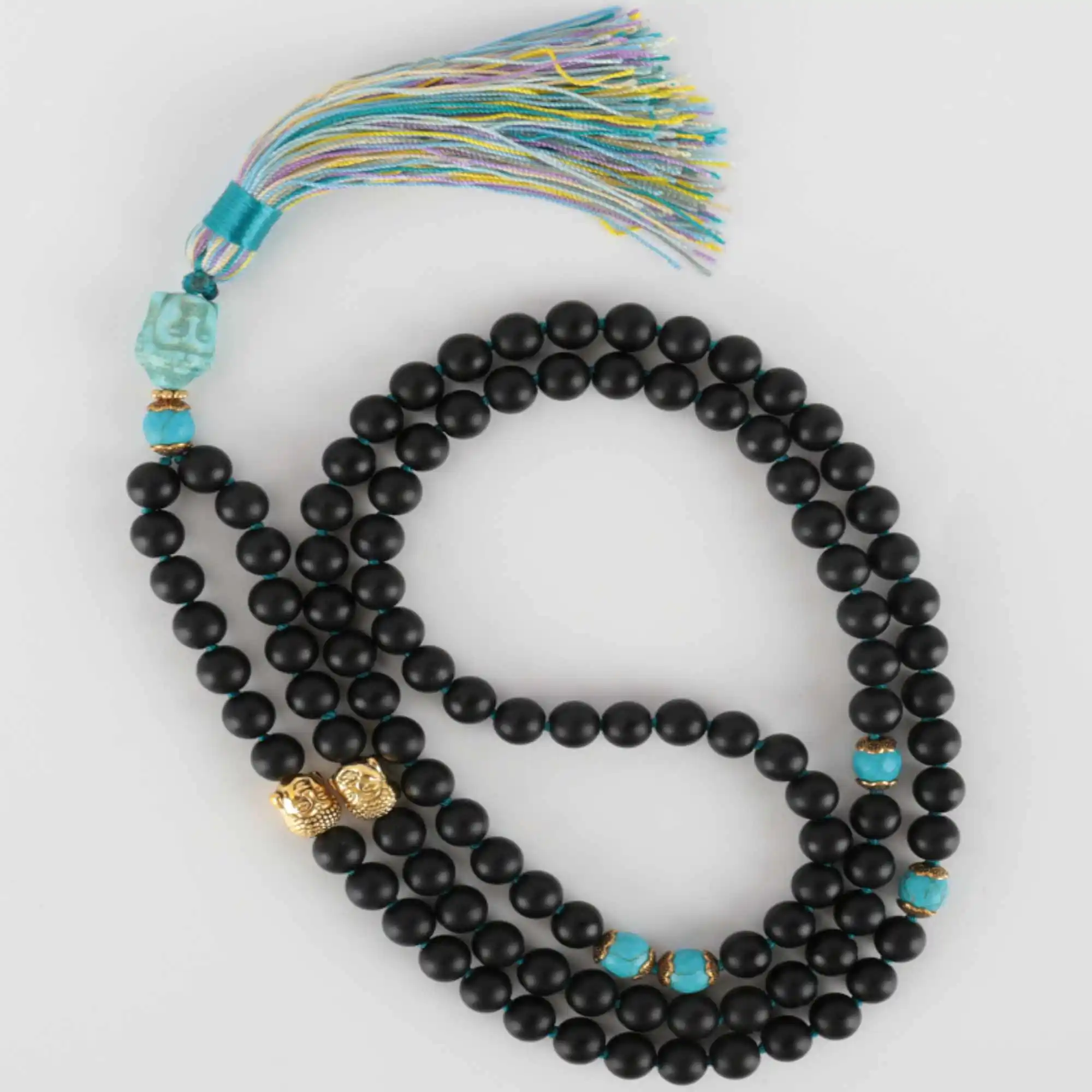 6mm Black agate blue turquoise gold Buddha head necklace Prayer Pray zazen Healing Blessing Meditation Bless Mala