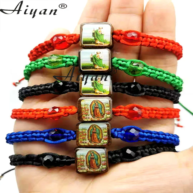 

12 Pieces San Judas And Virgin Mary Jesus Saint Benedict Alloy And Wood Hand-Woven Bracelets Can Be Used As Gifts And Prayers