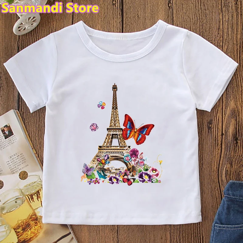 Colorful Paris Eiffel Tower Graphic Print Tshirt For Girls Flowers T Shirt Kids Clothes Summer Tops Tee Shirt Femme Girl