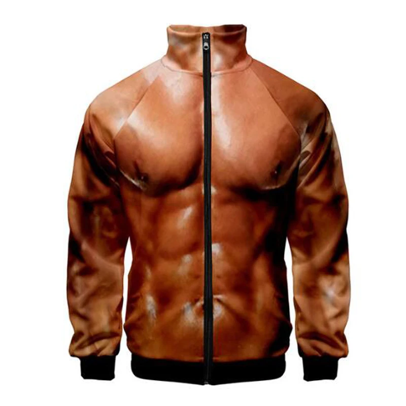 

Korean Version Men's Jacket Fake Muscle 3D Print Stand Collar Zipper Baseball Jacket Men Sports Fitness Long Sleeve Funny Hoodie