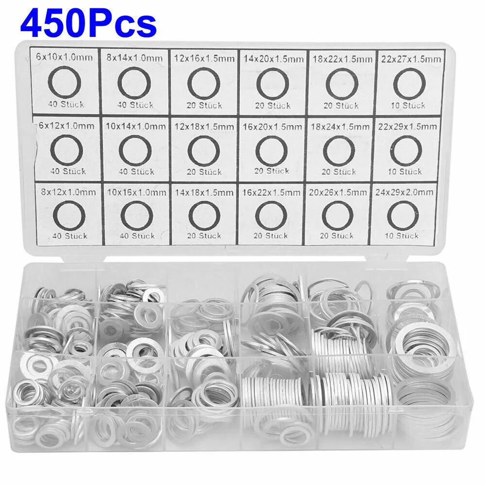 450 Piece Drain Plug Aluminum Washer Flat Gasket Seal Wear Assortment With Box Kit