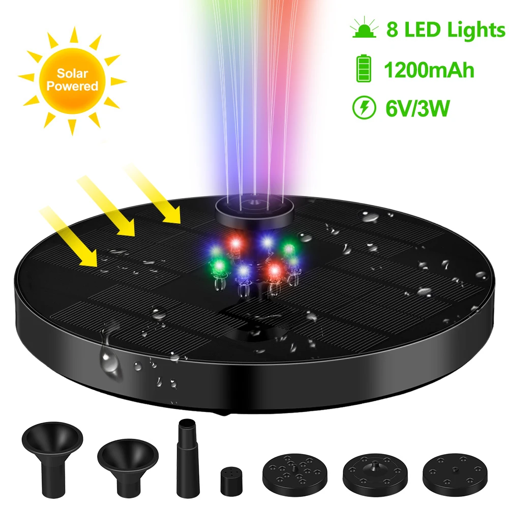 6V/3W Solar Fountain Colorful LED Lights IP67 Waterproof Panel Solar Powered Floating Fountain Water Pump Garden Decoration