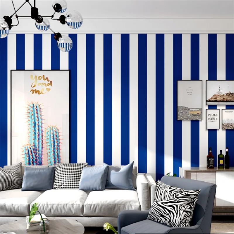 wellyu Non-self-adhesive without adhesive brush for home decoration blue vertical stripes Mediterranean style wallpaper