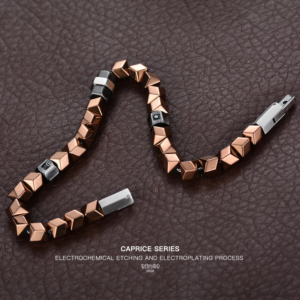 REAMOR DIY Detachable Coffee Golden Color Hematite Beads Bracelets Black Zircon CNC Stainless Steel Bracelet Men Women Jewelry