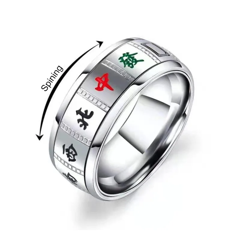 Anxiety Fidget Rings Stainless Steel Spinning Spinner Ring For Men Women Chinese Character Mahjong Rotatable Ring