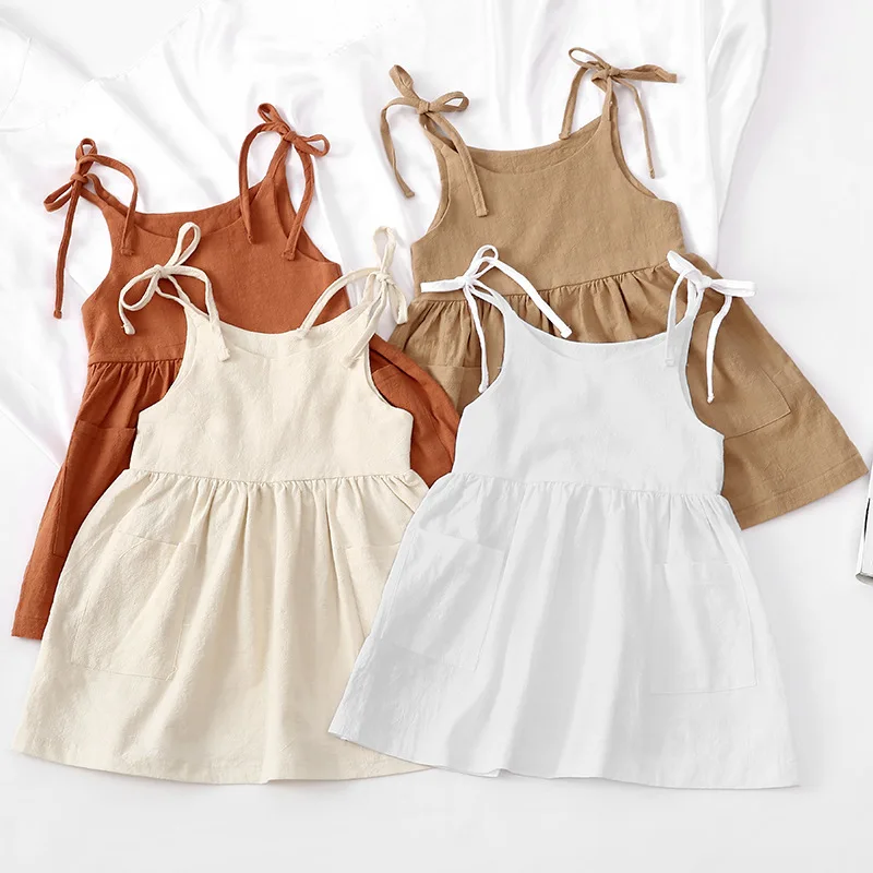 Girls Summer Cotton And Linen Lace-Up Dress Fashion New Solid Color Casual Pocket Children's Sling Dresses WT205