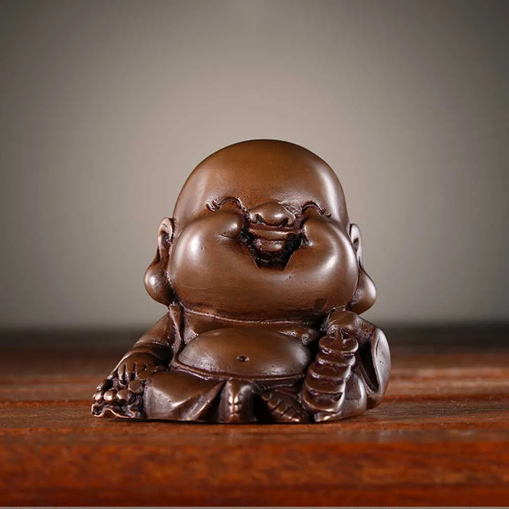 

Cute Pure Copper Mini Buddha Statues Chinese Style Maitreya Buddha Teahouse Ornaments Hand Carved Craft Display Home Decoration