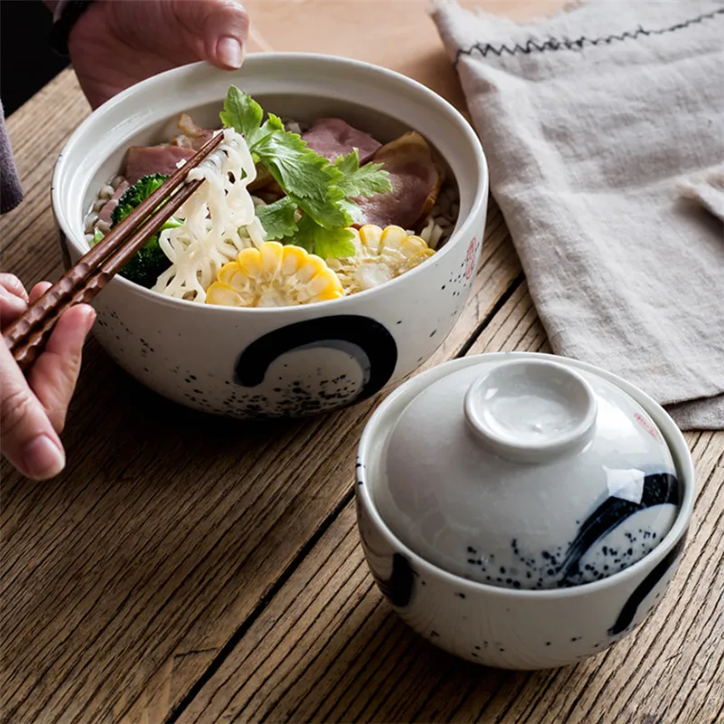 Japanese Style Ceramic Dessert Stew Pot Creative Noodle Soup Ramen Bowl Household Rice Bowl with Lid, Dinnerware Set, 6.5 \